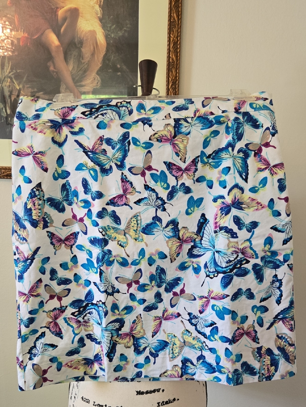 Talbots White Pencil Skirt with Blue, Purple & Pink Butterfly Print